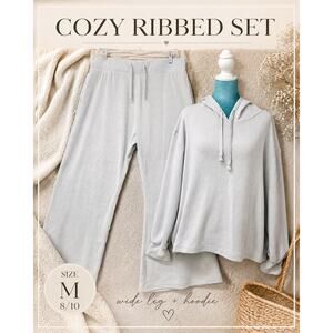 SERRA Ribbed Lounge Set Hoodie & Wide Leg Pants Gray Size M 8/10